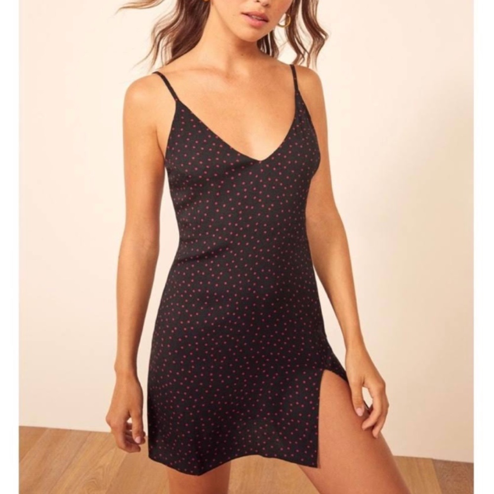 Reformation Marlowe Black and Red Polka Dot Mini Dress
